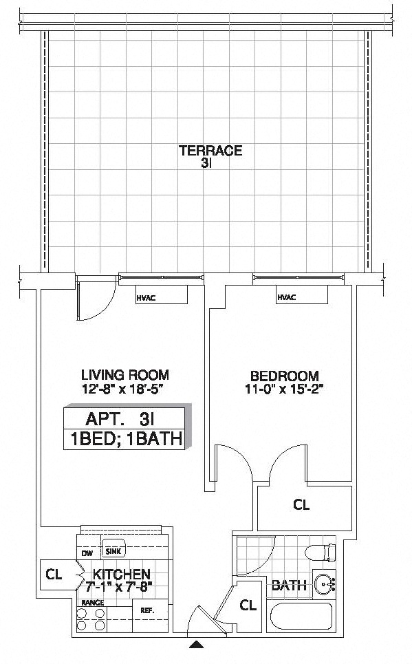 Floor plan for 1 bed, 1 bath, 689 sqft